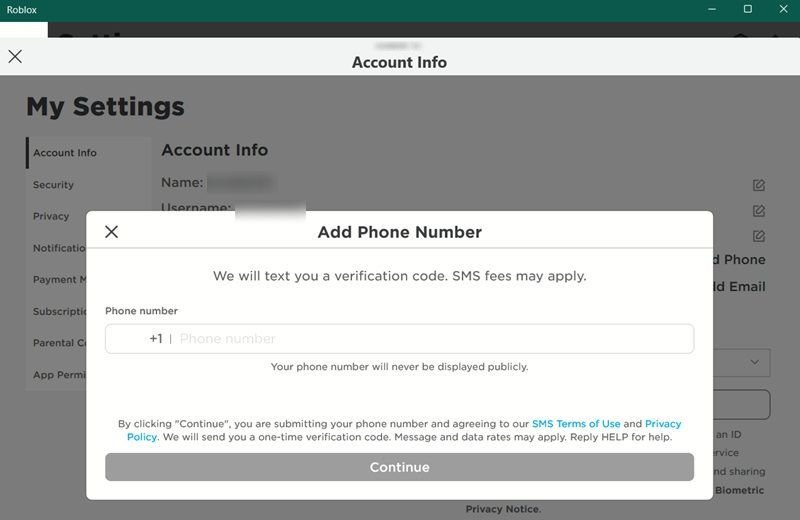Отправка номера телефона для проверки в приложении Roblox для ПК.