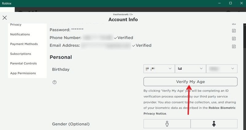 Нажмите кнопку «Подтвердить мой возраст» в приложении Roblox для ПК.