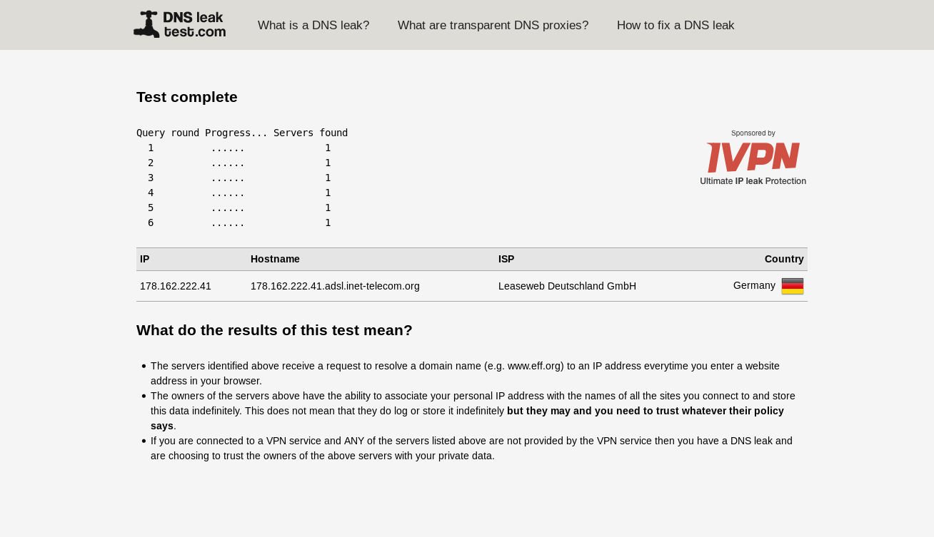 Результаты теста на утечку DNS