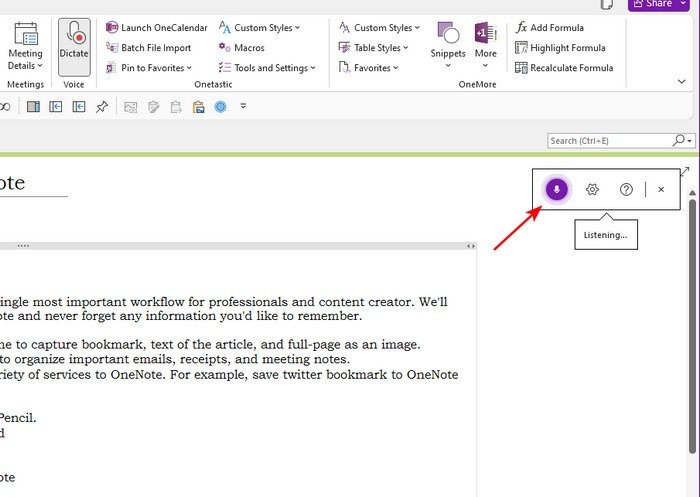 Подождите или нажмите кнопку микрофона, чтобы начать запись Onenote