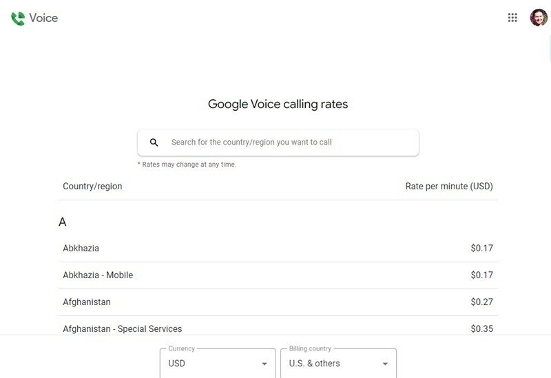 Тарифы на звонки Google Voice за пределы США.