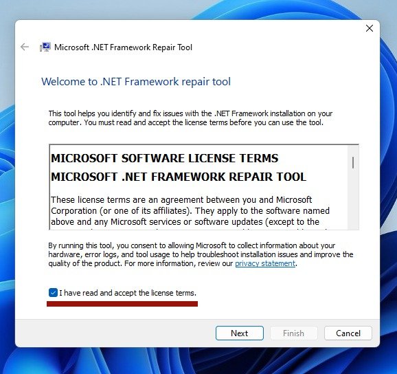 Лицензионное соглашение при установке .NET Framework Repair Tool.