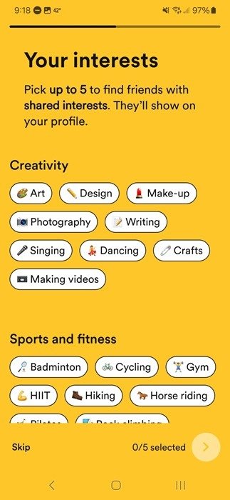 Выбор интересов на Bumble.