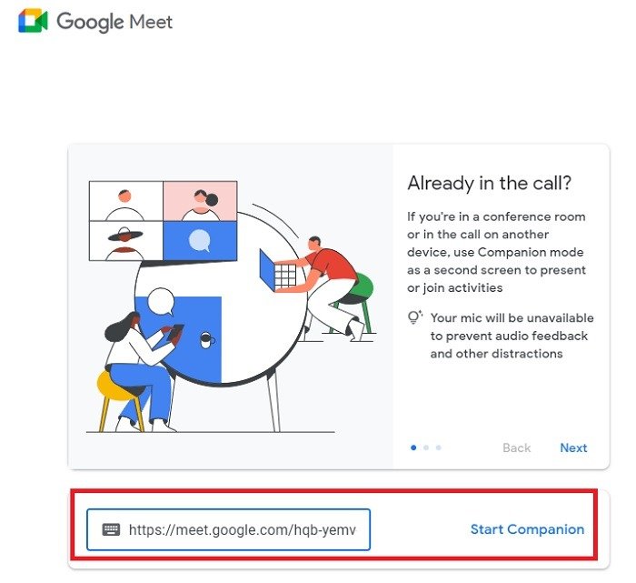 Подключение к режиму Google Meet Companion после того, как вы уже присоединились на главном экране.