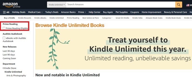 Фильтруйте электронные книги по Kindle Unlimited или Prime Reading.