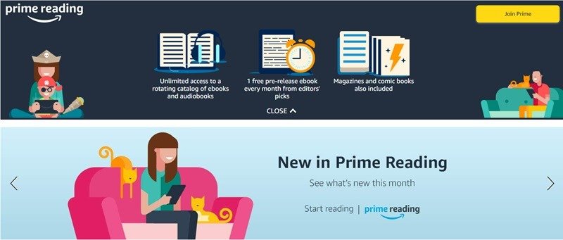 Страница преимуществ Amazon Prime Reading.