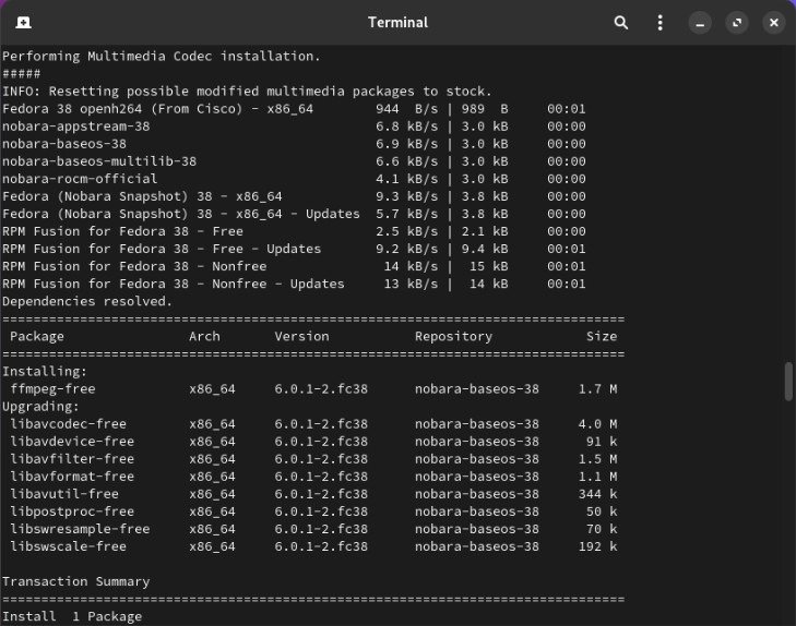 Скриншот приглашения на установку мультимедийного кодека для Nobara Linux.