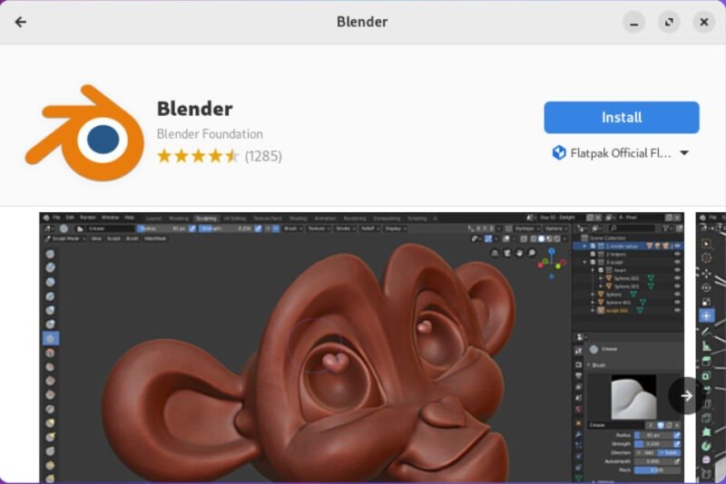 Снимок экрана, показывающий страницу магазина Blender Flatpak в Nobara Linux.