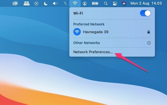 Снимок экрана, показывающий, где выбрать настройки сети Wi-Fi на Mac