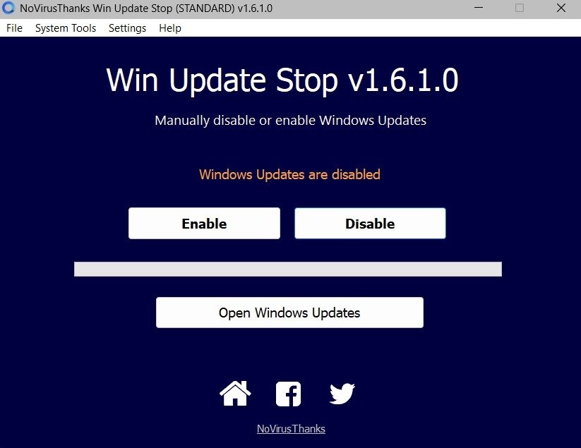 Сообщение «Обновления Windows отключены» в Win Update Stop.