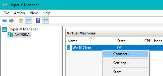 Win10 Hyper-V нажмите «Подключиться»