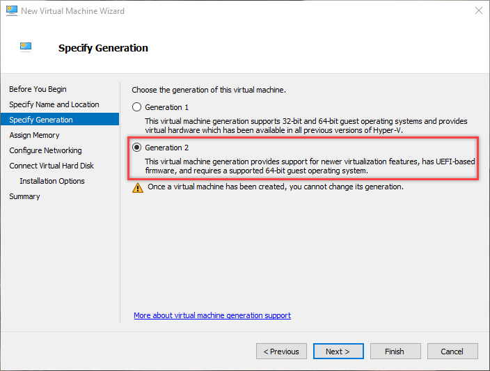 Win10 Hyper-V выбирает поколение