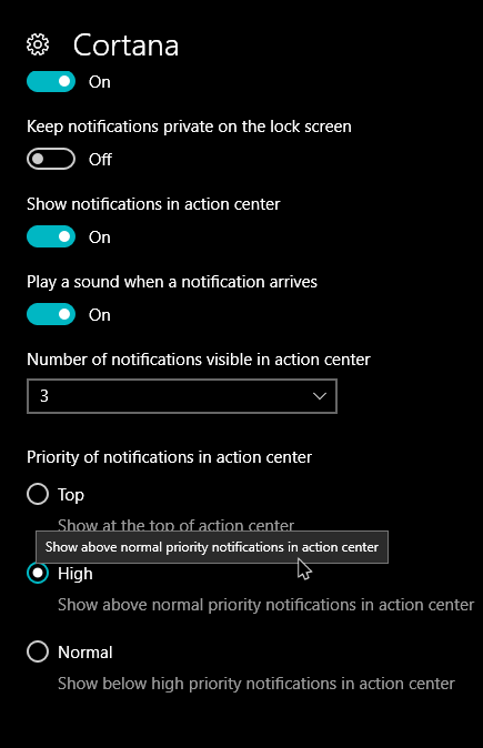 Приоритеты уведомлений Win10 Кортана понижена в приоритете