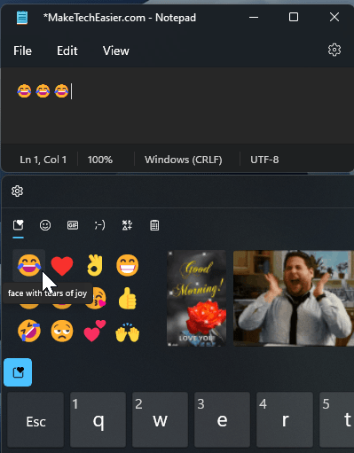 Ввод эмодзи на сенсорной клавиатуре Windows 11