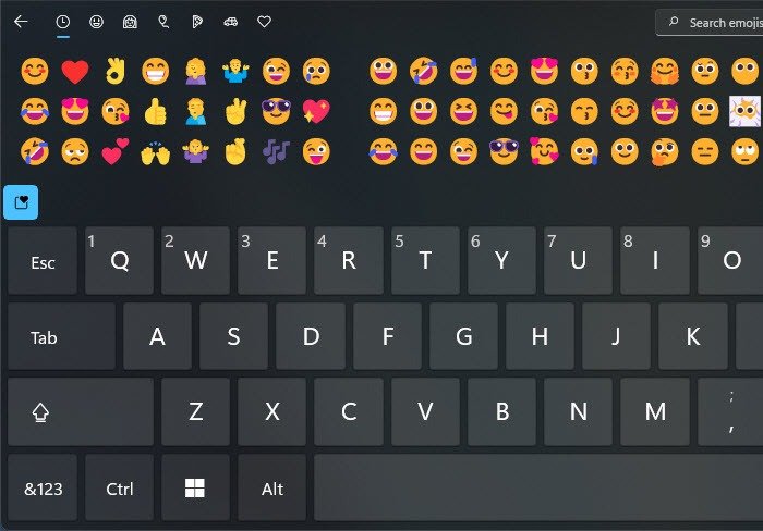 Сенсорная клавиатура Windows 11. Панель смайлов. Поиск смайлов.
