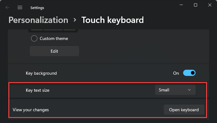 Персонализация сенсорной клавиатуры Windows 11 Размер текста клавиш сенсорной клавиатуры