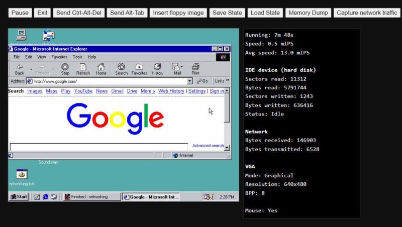 Вид рабочего стола эмулятора Windows 98 с открытым Internet Explorer.