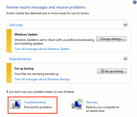 Windows-action-center-select-устранение неполадок