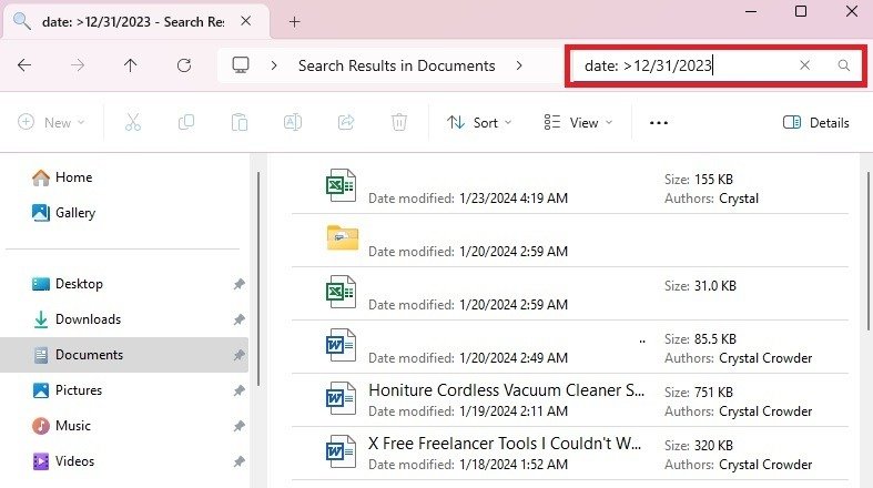 Поисковый фильтр Windows для поиска файлов, созданных или измененных после декабря 2023 года.