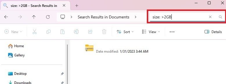 Поиск в проводнике файлов размером более 2 ГБ.