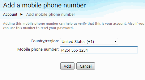 Добавить номер мобильного телефона в учетную запись Windows Live