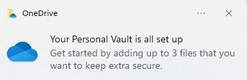 Уведомление об успешной настройке Windows Personal Vault