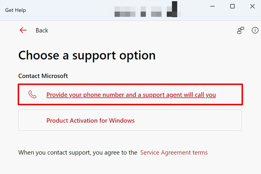 Выбор варианта обращения к агенту за помощью в службе поддержки Microsoft.