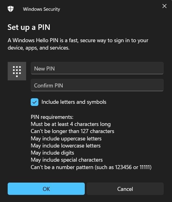 Настройка нового сложного PIN-кода с помощью Windows Hello.