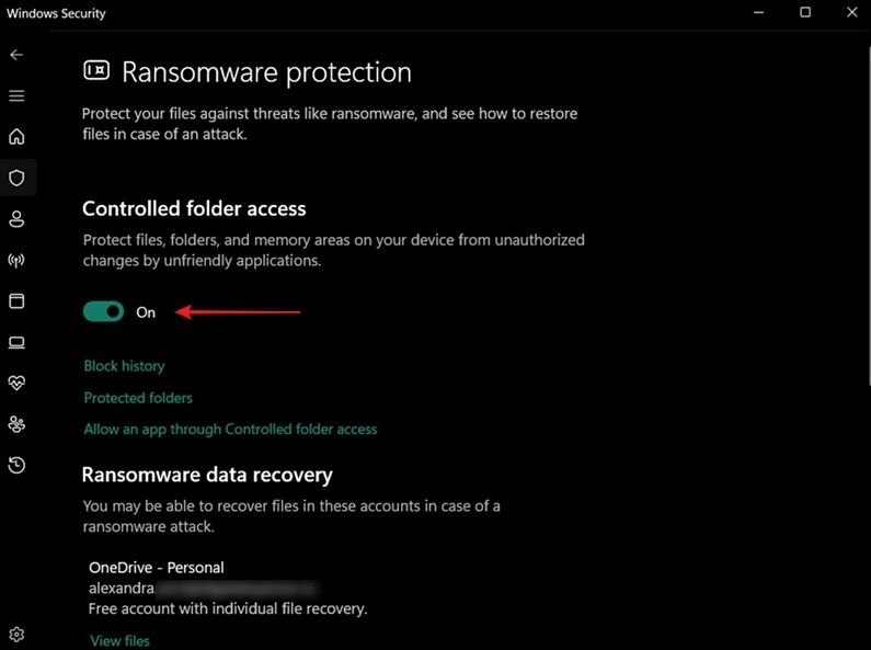 Включение «Контролируемого доступа к папкам» для защиты от программ-вымогателей в приложении «Безопасность Windows».