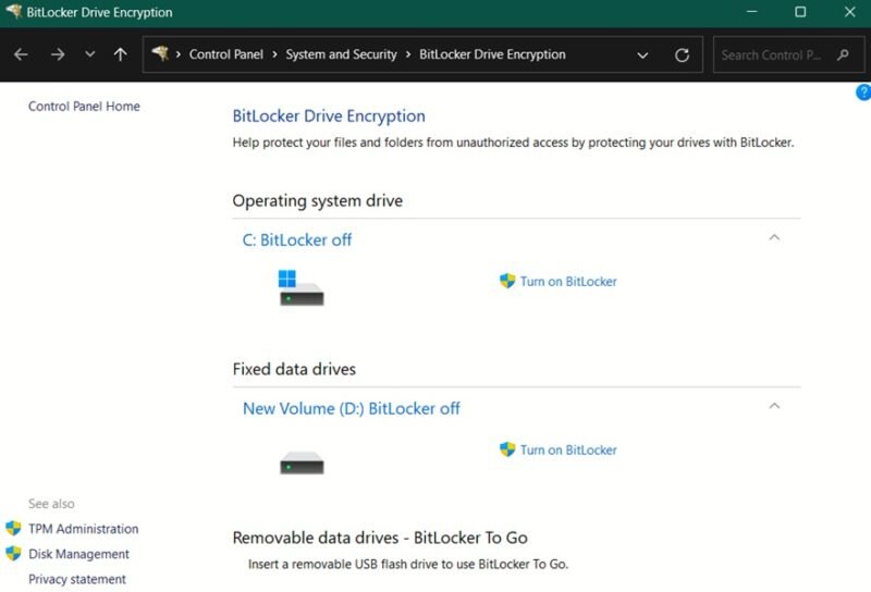 Включение BitLocker для диска с данными на вашем компьютере.