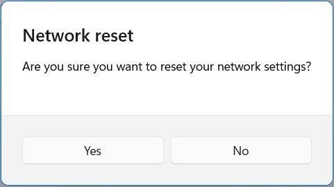 Подтвердите всплывающее окно сброса сети.