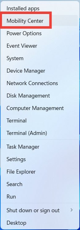Пункт «Центр мобильности» в меню «Win+X».
