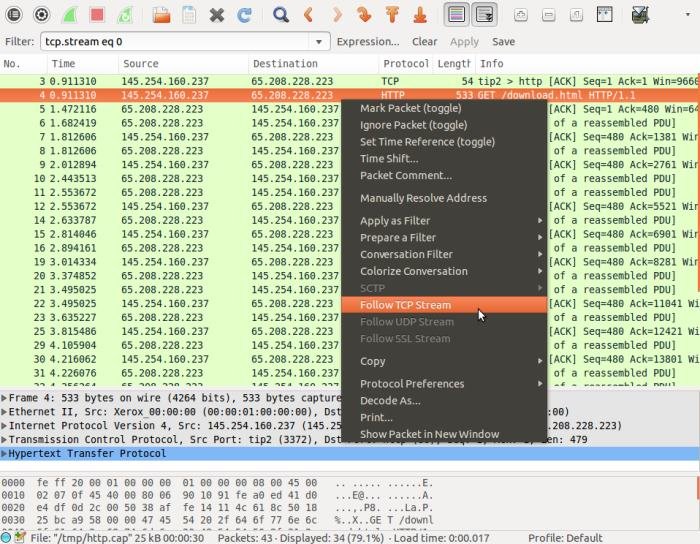 Wireshark-следовать за потоком