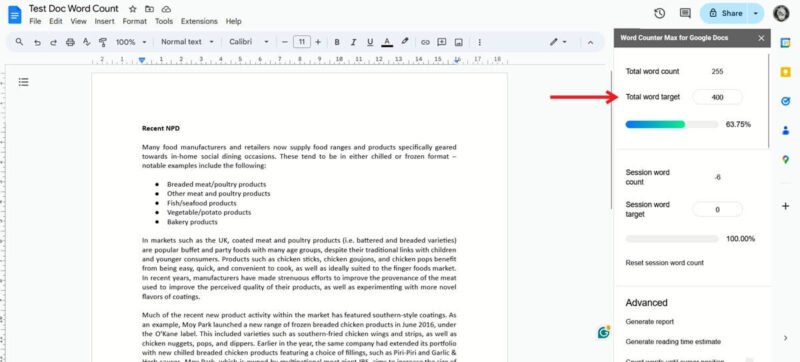 Настройте целевое количество слов при использовании дополнения Word Counter Max для Документов Google в Документах Google на ПК.