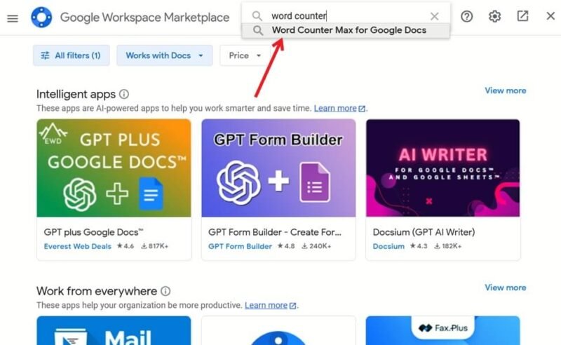 Поиск надстроек счетчика слов в Google Workspace Marketplace.