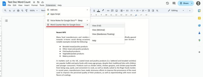 Нажатие на надстройку Word Counter Max для Документов Google в Документах Google на ПК.