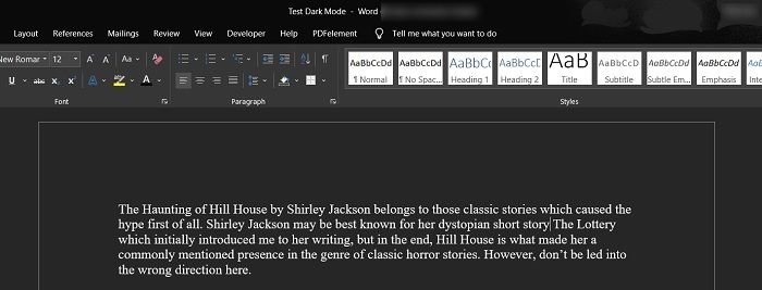 Вид системной темы Word Dark Mode для ПК