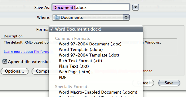 параметры формата файла word