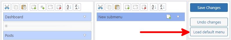 Редактор меню администратора WordPress Загрузить меню по умолчанию