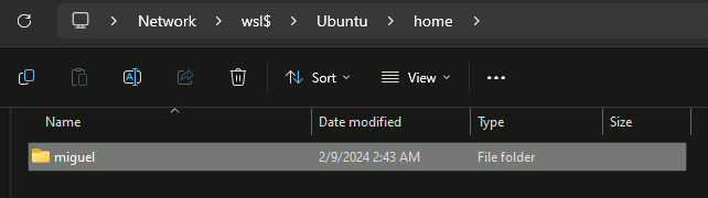 Проводник файлов, показывающий домашнюю папку для дистрибутива WSL по умолчанию.
