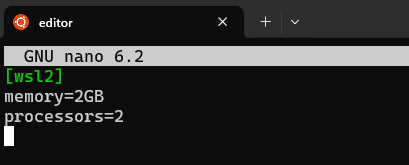 Редактор Nano открыт с ограничениями памяти/ЦП, настроенными для WSL