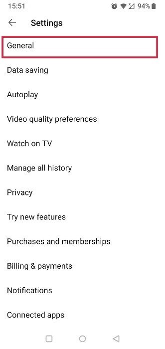 Нажмите «Общие» в настройках приложения YouTube для Android.