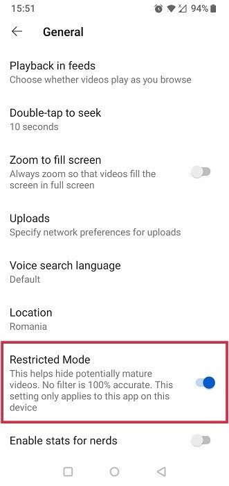 Нажмите «Ограниченный режим», чтобы отключить опцию в приложении YouTube для Android.