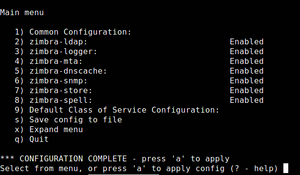 Главное меню Zimbra закрыто