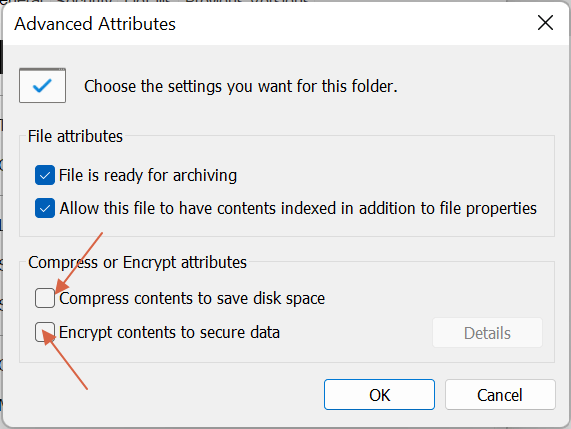 В дополнительных настройках установите флажок «Сжимать содержимое для экономии места на диске» и «Шифровать содержимое для защиты данных».