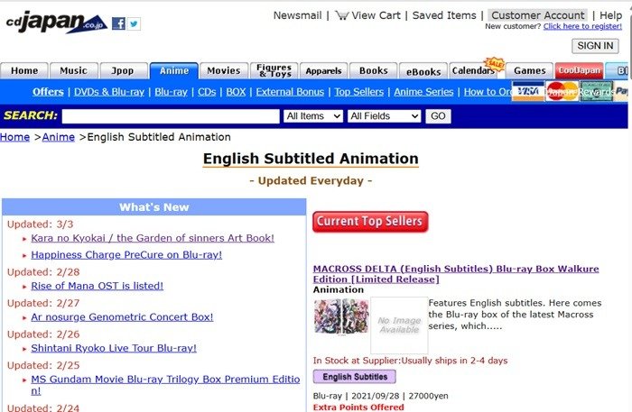 CDJapan позволяет приобретать названия компакт-дисков с аниме-фильмами вместе с субтитрами на английском языке.