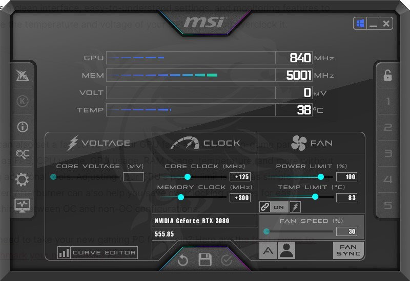 Скриншот окна MSI Afterburner