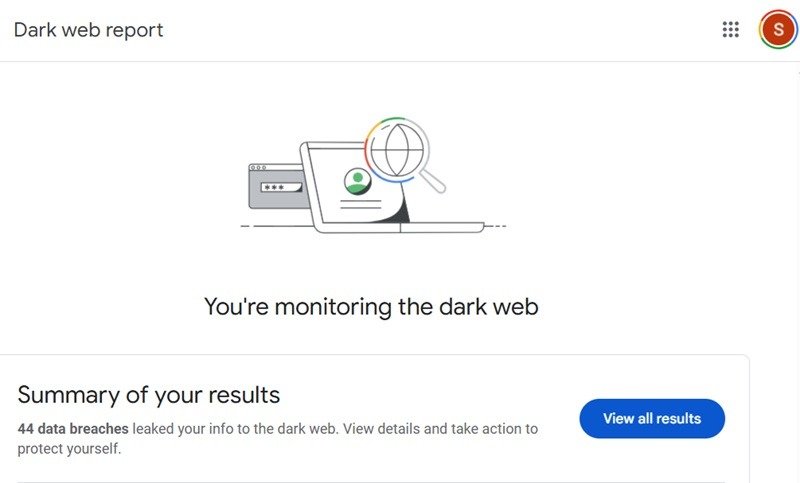 Отчет Google о даркнете, выявляющий утечки данных в даркнете, связанные с вашей учетной записью Google.