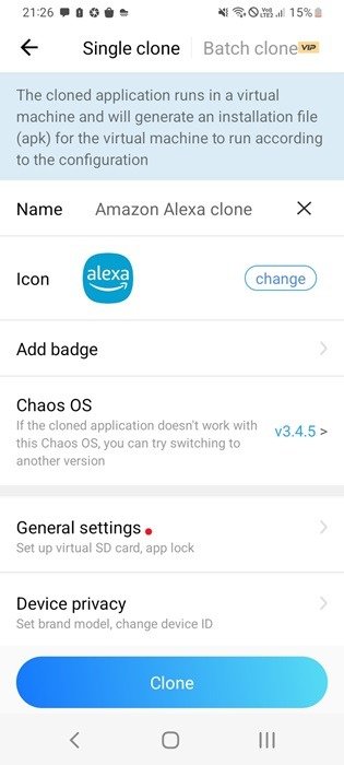 Создание клона Amazon Alexa с помощью приложения Samsung Galaxy «Приложение клонирования».