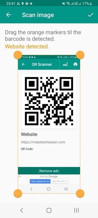 Приложение «QR & Barcode Reader» обнаруживает веб-сайт по отсканированному QR-коду.